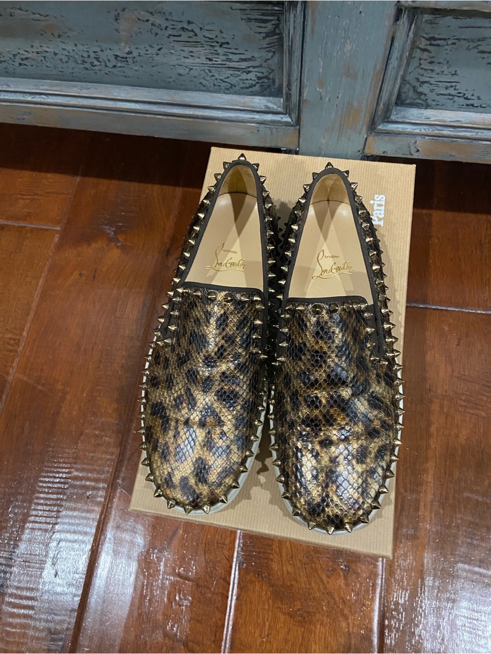 Christian Louboutin womens Leopard-Print Snakeskin Studded slip on - Brown/Black